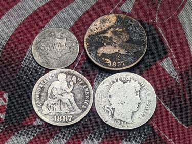 1857 Flying Eagle Cent, 1887 Seated Liberty Dime, 1911 Barber Dime, & No Date Three Cent Piece