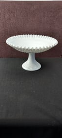 Vintage Fenton Hobnail Milk Glass Ruffled Edge Pedestal Cake Stand Compote