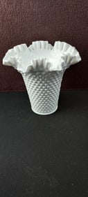 Vintage Fenton Hobnail Milk Glass Ruffled Rim Basket Vase