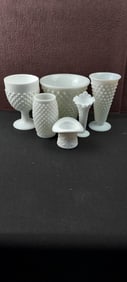 A Collection of Vintage Milk Glass Decorative Items, Primarily Fenton Hobnail, Six Pieces