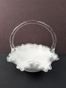 Vintage Fenton Silver Crest #7336 Milk Glass Ruffled Basket
