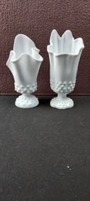 A Pair of Vintage Fenton White Milk Glass Hobnail Footed Handkerchief Vases
