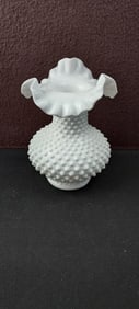 Vintage Fenton White Milk Glass Hobnail Ruffled Crimped Vase