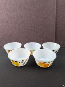 Vintage Fire-King Gay Fad Fruits Milk Glass Custard Bowls, Set of 5