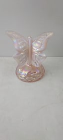 1980s Fenton Art Glass Pink Opalescent Iridescent Butterfly on Branch Ring Holder