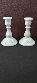 Fenton Hobnail Milk Glass Candlesticks, A Pair