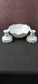 A Set of Westmoreland Milk Glass Paneled Grape Bowl and Candlestick Holders