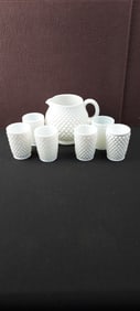 Vintage Opaque White Milk Glass Hobnail Squat Pitcher and Six Tumblers, Seven-Piece Set
