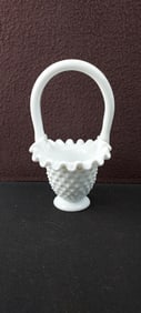 Fenton White Milk Glass Hobnail #389/3837 Ruffled Basket, 7-inch