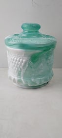 1980s Fenton Seafoam Green Slag Glass 'Grape & Cable' Tobacco Jar