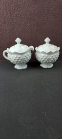 Fenton Hobnail White Milk Glass Lidded Creamer and Sugar Bowl Set