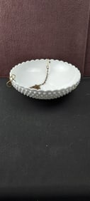 Fenton White Milk Glass Hobnail Scalloped Rim Divided Hanging Bowl