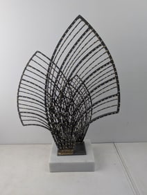 Abstract Dark Metal and Brass-Tone Fan Sculpture on Marble Base