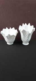A Pair of Fenton Hobnail White Milk Glass Handkerchief Vases, #3750