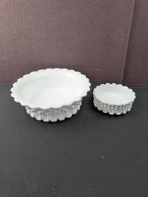 A Lot of Three Vintage Fenton Milk Glass Hobnail Scalloped Edge Bowls