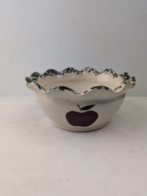 Vintage Hand-Painted Stoneware Apple Bowl with Sponged Green Ruffled Rim