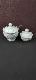 Vintage Fenton Hobnail Milk Glass Lidded Sugar / Jam Jar Sets with Spoons - Lot of Two