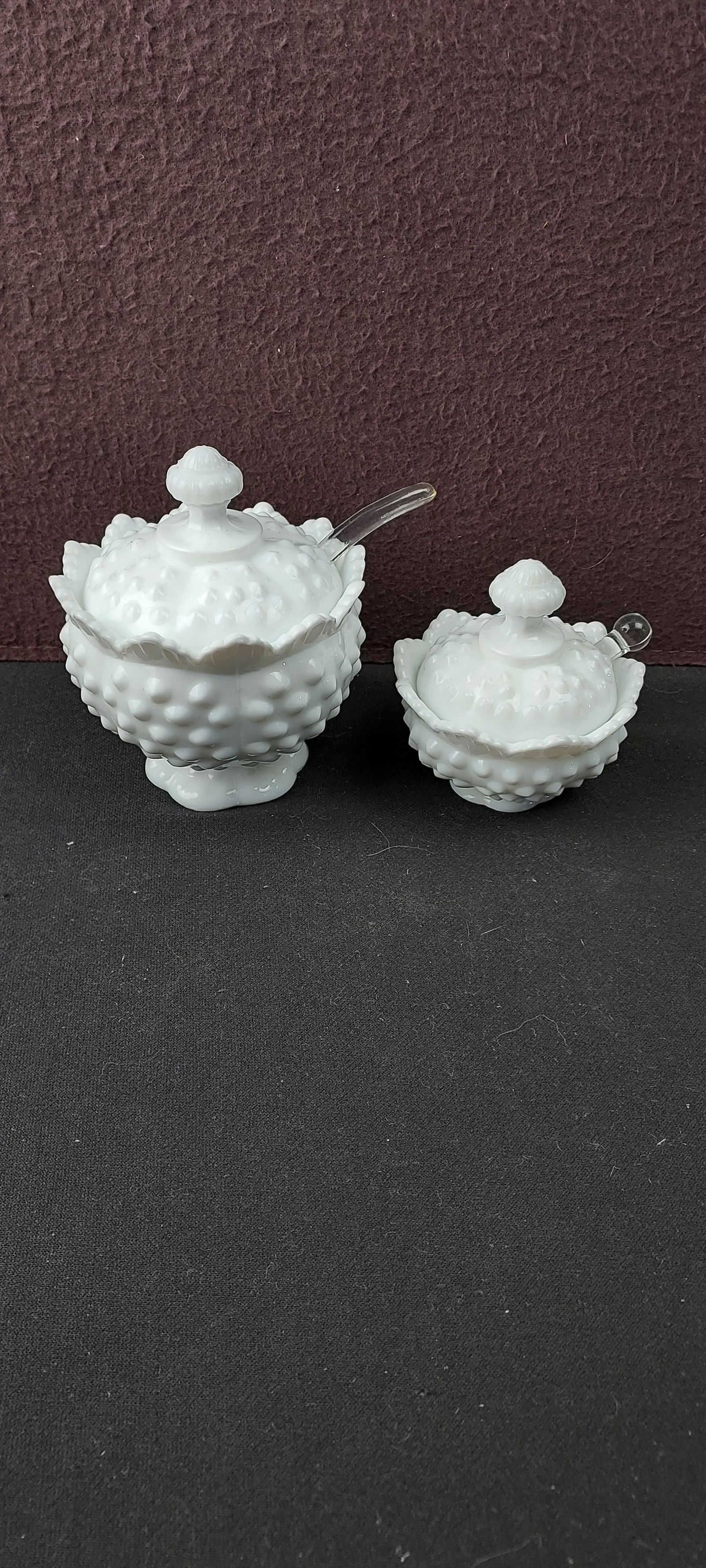 Vintage Fenton Hobnail Milk Glass Lidded Sugar / Jam Jar Sets with Spoons - Lot of Two (1 of 10)