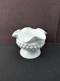 Vintage Fenton White Hobnail Milk Glass Ruffled Footed Compote