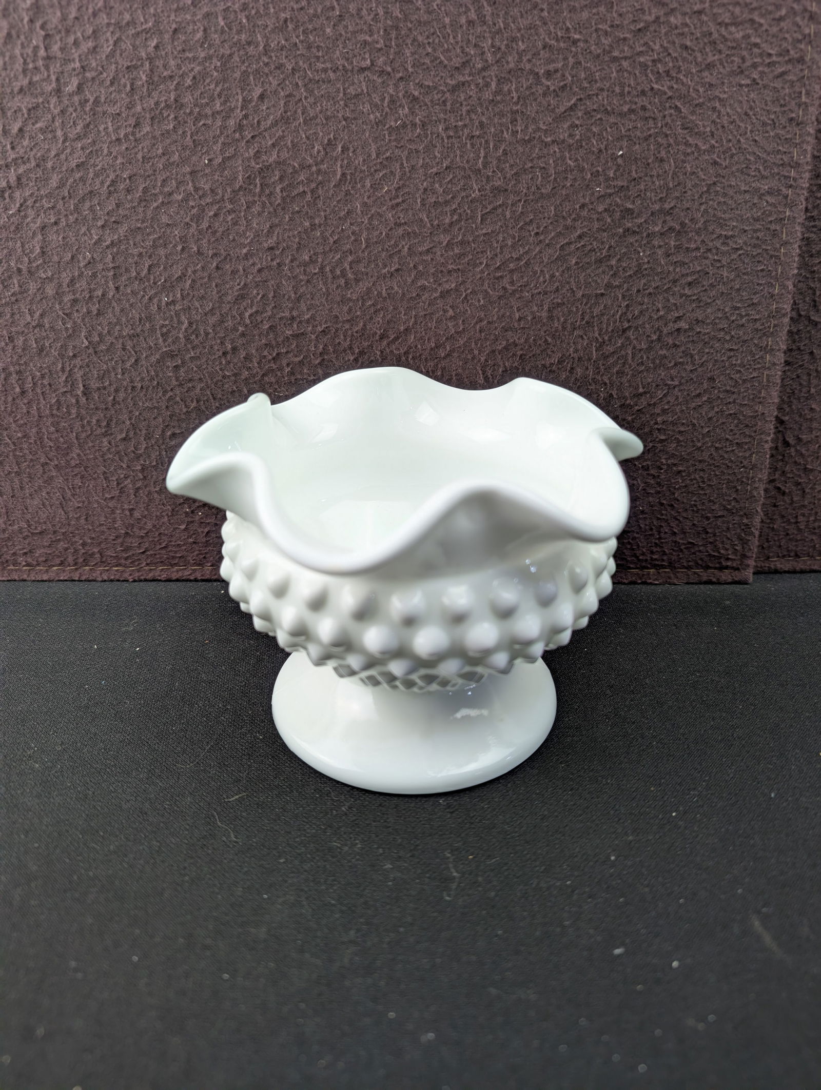Vintage Fenton White Hobnail Milk Glass Ruffled Footed Compote (1 of 3)