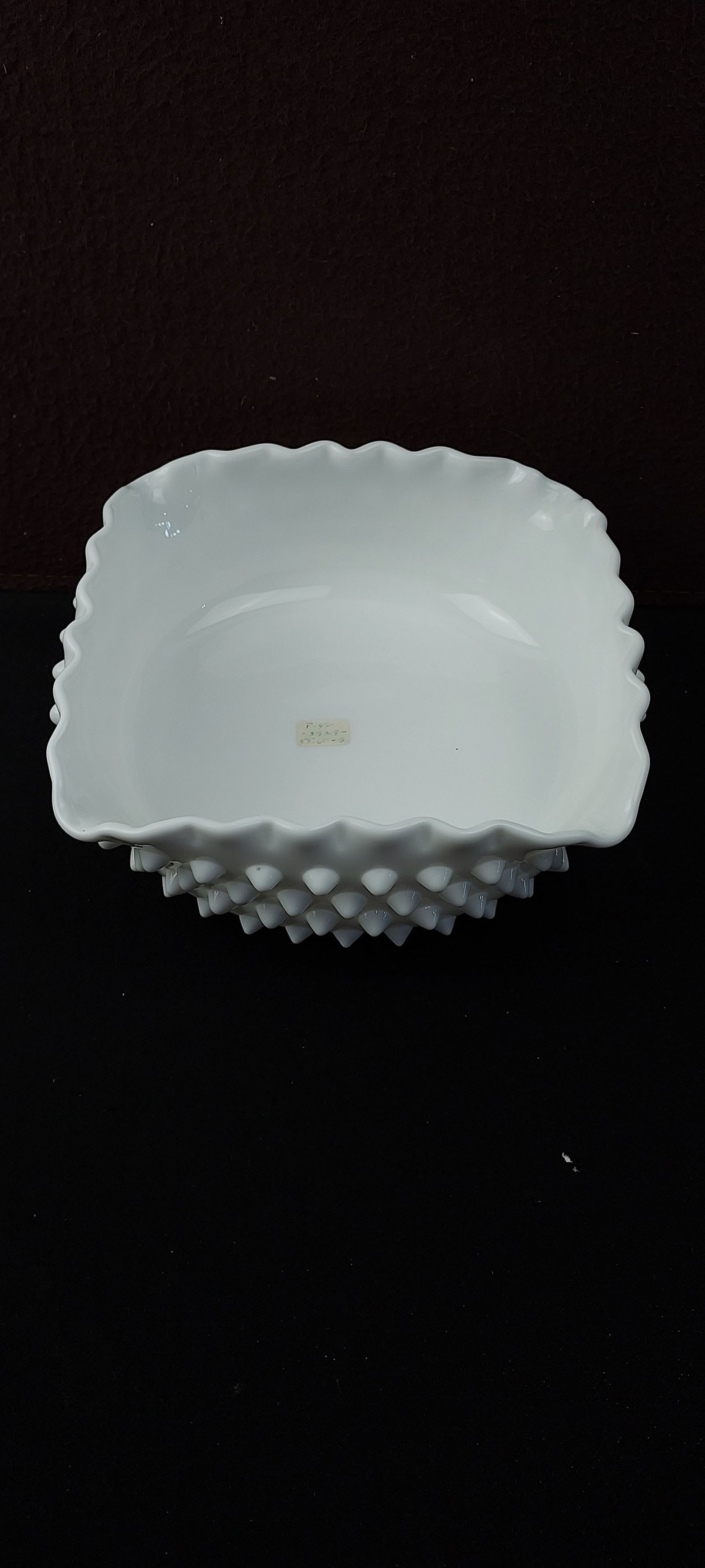 Vintage Fenton Milk Glass Hobnail Ruffled Four Square Bowl: A vintage Fenton Art Glass Milk Glass Hobnail Ruffled Four Square Bowl. This opaque white glass serving dish or decorative bowl features a distinctive hobnail pattern of raised, rounded protrusions co