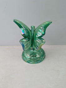 1985 Fenton Glass FAGCA Vaseline Green Opalescent Butterfly on Stand