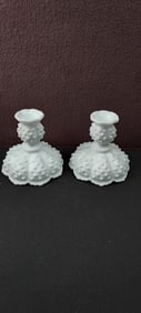 A Pair of 1974-1979 Fenton Hobnail #3974-MI Milk Glass Candlestick Holders