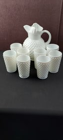Vintage Fenton Hobnail Milk Glass Ball Pitcher & 8 Tumblers Set