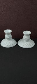 Vintage Fenton White Milk Glass Hobnail Candlesticks, Pair