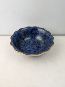 Vintage Jingfa Chinese Blue Cloisonn? Scalloped Floral Bowl