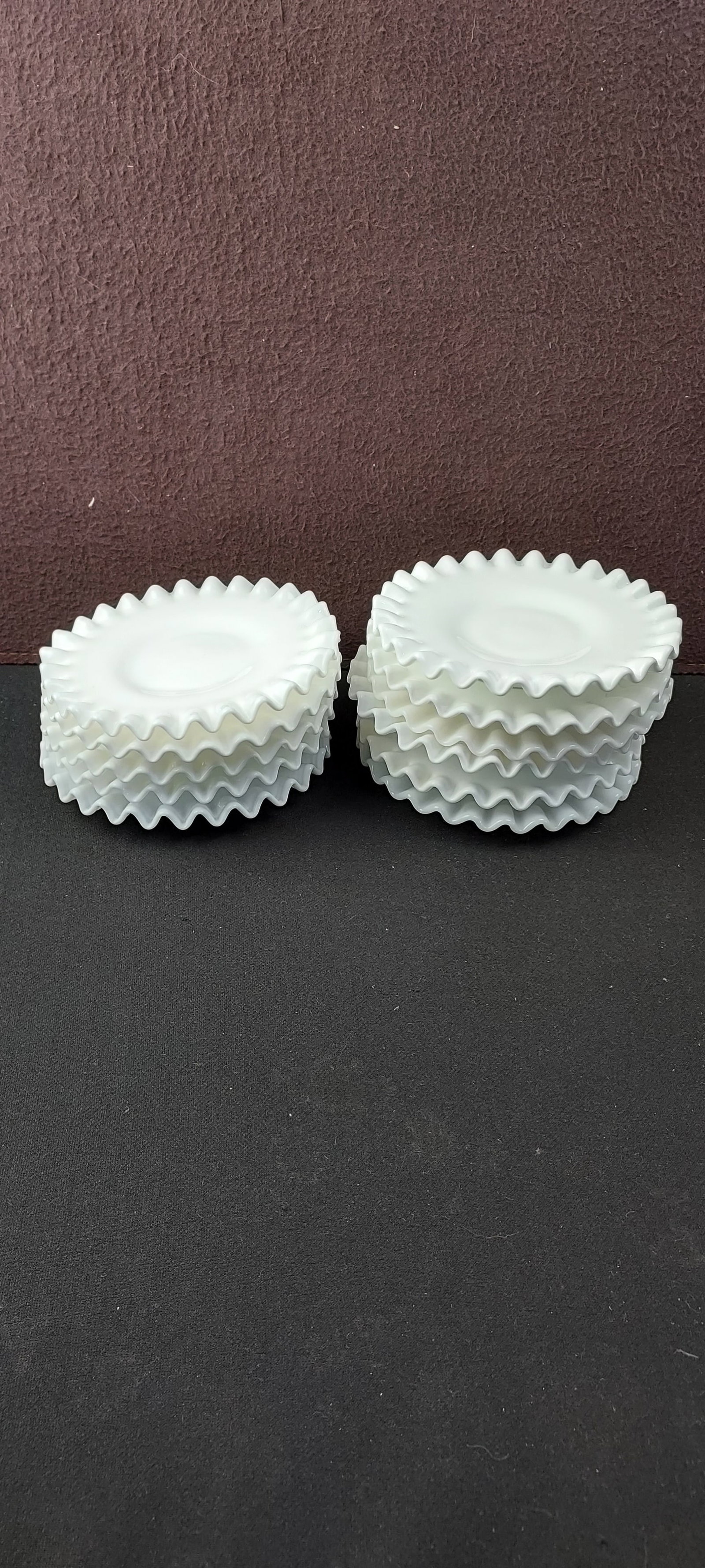 A Set of 8 Fenton Hobnail Milk Glass Ruffled Edge Small Plates (1 of 16)