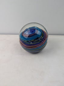 Hand Blown Art Glass Paperweight, Multi-Colored Swirl with Internal Bubbles