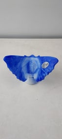 Fenton Blue and White Slag Glass Butterfly Figurine with Floral Base