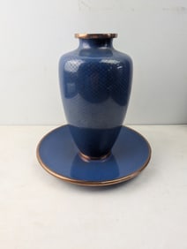 A Vintage Chinese Royal Blue Fish Scale Cloisonn? Enamel Two-Piece Set, Comprising a Vase and Plate
