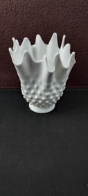 Mid 20th Century Fenton Milk Glass Hobnail Handkerchief Ruffled Vase