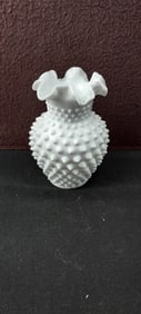 Vintage Fenton Art Glass Hobnail Milk Glass Double Crimped Ruffled Vase #3656
