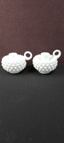 Fenton White Milk Glass Hobnail Finger Loop Candle Holders, Pair