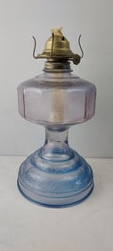 Vintage P & A Risdon Blue Pressed Glass Kerosene Oil Lamp, Octagonal Reservoir, Embossed Floral Base