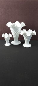 A Set of Three Vintage Milk Glass Hobnail Pedestal Vases