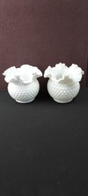 Pair of Fenton White Milk Glass Hobnail Ruffled Edge Rose Bowls