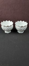 A Pair of Fenton White Hobnail Milk Glass Footed Candle Holders