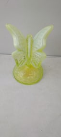 Fenton Uranium Vaseline Opalescent Glass Butterfly Figurine on Stand