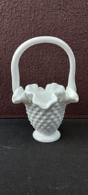 Fenton White Milk Glass Hobnail Ruffled Rim Basket with Floral Handle, Approx. 6.25" Tall
