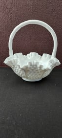 Fenton Art Glass Hobnail Milk Glass Ruffled Edge Basket #3734