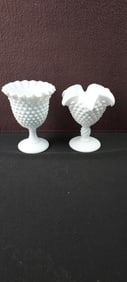 A Pair of Vintage Fenton Hobnail Milk Glass Pedestal Compotes