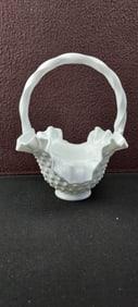 Vintage Fenton Art Glass Hobnail Milk Glass Ruffled Basket with Twisted Handle