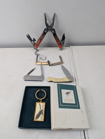 A Lot of Vintage Folding Knives, Sheffield Multi-Tool No. 1201, and Barlow Keychain