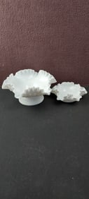 A Lot of Two Fenton White Hobnail Milk Glass Ruffled Edge Pedestal Bowl and Footed Dish