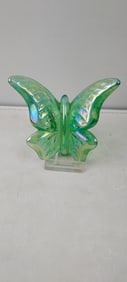 1983 Fenton FAGCA Vaseline Green Opalescent Glass Butterfly on Stand