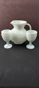 A Set of Vintage Fenton White Milk Glass Hobnail Pitcher and Two Goblets